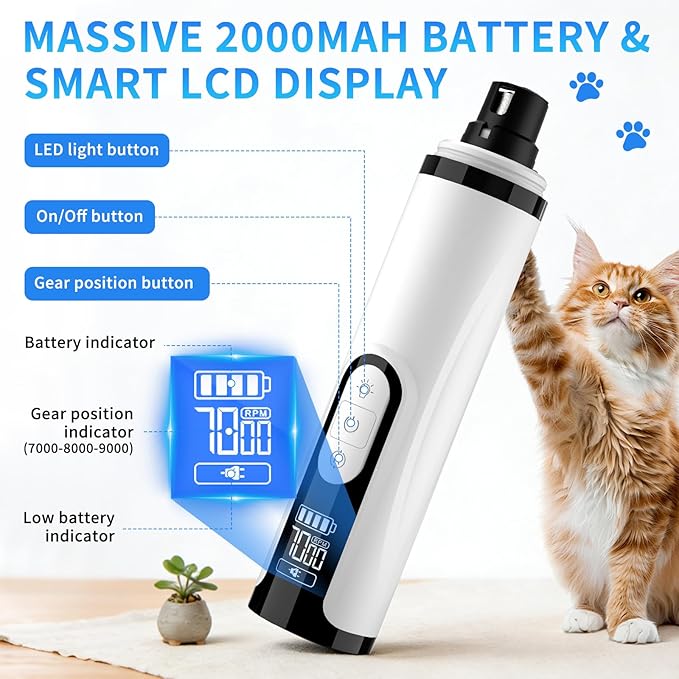 2026 Upgraded Nail Grinder,3-Speed Powerful Electric Pet Nail Trimmer,Rechargeable USB Charging/2 LED Light/Grinding Wheels/Pet Silent Cat Claw Nail Grooming Supplies for Small and Large Dogs and Cats