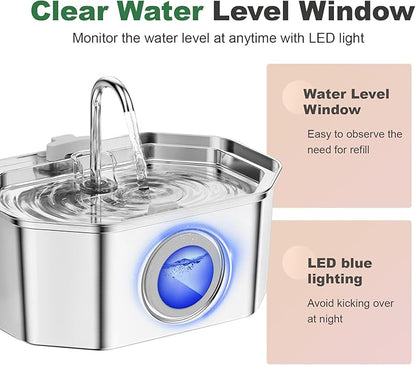 Cat Water Fountain Stainless Steel 108oz/3.2L, APAUK Automatic Pet Fountain Dog Water Dispenser with Water Level Window, Quiet Cat Fountain for Drinking, Inside with Replacement(4 Filters&4 Sponges)