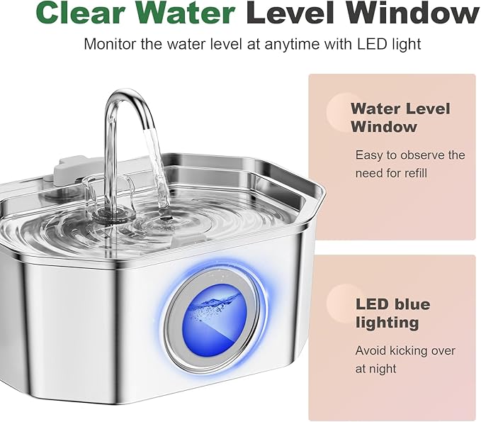 Cat Water Fountain Stainless Steel 108oz/3.2L, APAUK Automatic Pet Fountain Dog Water Dispenser with Water Level Window, Quiet Cat Fountain for Drinking, Inside with Replacement(1 Filters&1 Sponges)