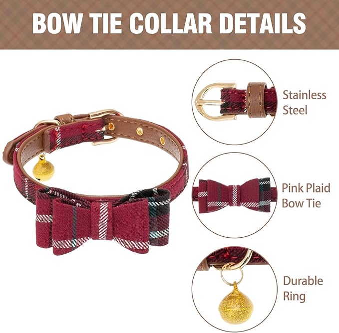KOOLTAIL Small Dog Collar and Leash Set with Bowtie and Bells - Puppy Collar and Leash for Female with Classic Plaid Matching Pattern, Soft Leather Tangle Free Leashes for Small Dogs Boys Girls, Red
