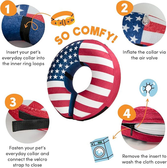 BENCMATE Inflatable Dog Cone Collar Alternative, Soft Dog Cone for Small Medium Large Dogs and Cats, Neck Recovery ECollar Donut Collar After Surgery (Medium, Flag)