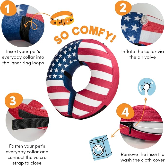 BENCMATE Inflatable Dog Cone Collar Alternative, Soft Dog Cone for Small Medium Large Dogs and Cats, Neck Recovery ECollar Donut Collar After Surgery (Small, Flag)