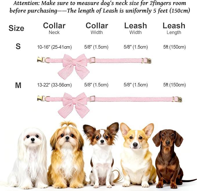 Dog Collar and Leash Set - Metal Buckle Adjustable Puppy Collar, Cute Dog Collar and Leash Set with Flower Bow Tie, Puppy Collar with 5 FT Leash, Soft & Comfortable Collar for Small Medium Dogs-M