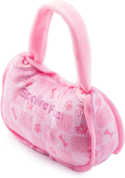 Haute Diggity Dog Pink Checker Chewy Vuiton Handbag, Plush Designer Dog Toys with Interactive Squeaker, Stimulating Pet Enrichment, Machine-Washable & Safe Materials for All Breeds, Size Small