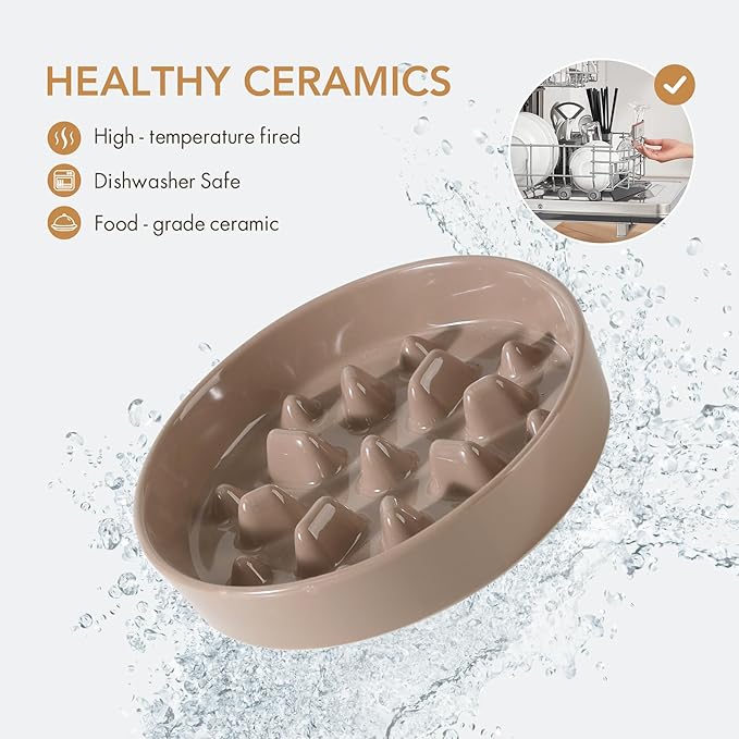 Ceramic 1.6 Cup Dog Raised Slow Feeder Set, Elevated Bowl with Wooden Stand for Medium and Large Dog, 8.2inch Slow Feeder Dish for Fast Easters, Anti-Gulping(Brown Coffee, Single Bowl+ Stand)