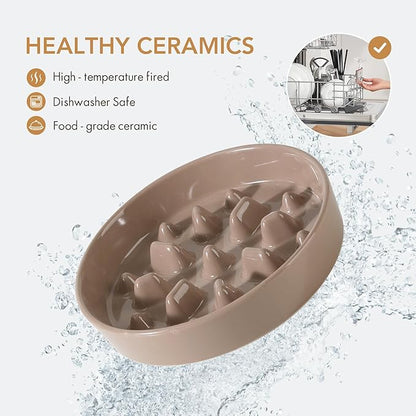 Ceramic 1.6 Cup Dog Raised Slow Feeder Set, Elevated Bowl with Wooden Stand for Medium and Large Dog, 8.2inch Slow Feeder Dish for Fast Easters, Anti-Gulping(Brown Coffee, Single Bowl+ Stand)