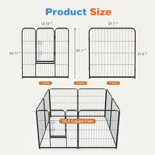FansaFurn 32" Heavy Duty 8-Panel Metal Dog Playpen with Door - Indoor/Outdoor Pet Exercise Pen for Puppies, Small, Medium & Large Dogs, Rabbits - Ideal for Camping, Yard & Garden Use