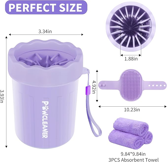 Professional 7 in 1 Dog Paw Cleaner for Dogs & Cats - Includes 1 Portable Paw Washer, 1 Bath Brush, 2 Dog Toothbrushes and 3 Absorbent Towels Note: Fits Paws up to 2 Inches Wide (Small, Purple)