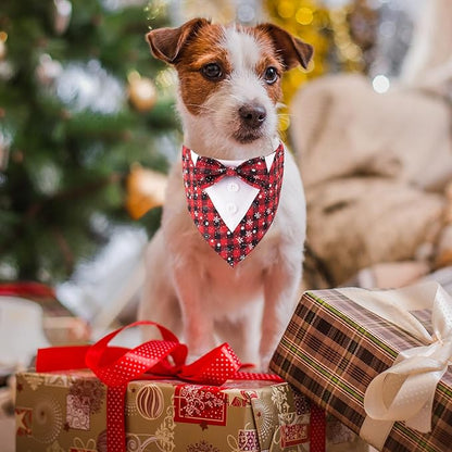 HDGDT Adjustable Red Plaid Christmas Dog Tuxedo Bandana with Bow Tie - Holiday Pet Outfit Costume for Dogs XS to XL