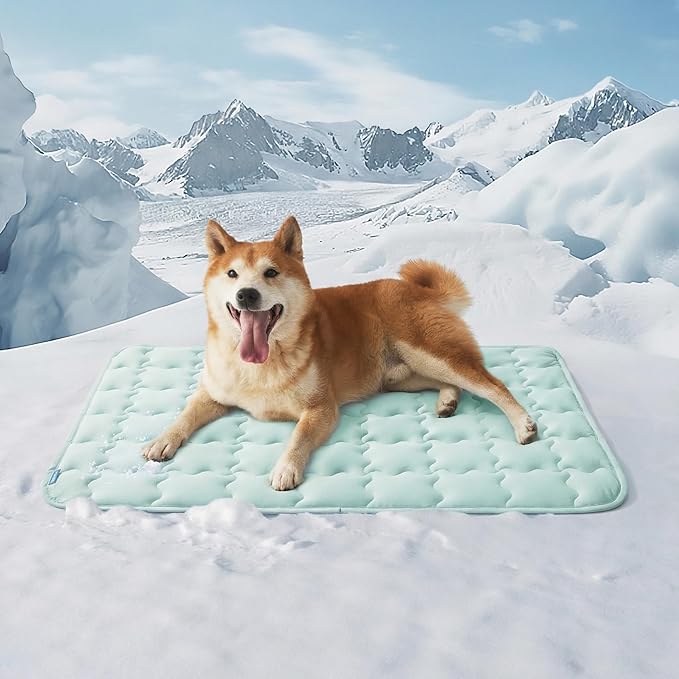 Bedsure Cooling Mat for Large Dogs, Q-Max>0.5 Thin Breathable Cold Crate Pad for Pet, Portable Washable Kennel Bed for Summer Active Dog with Chill Cool Soothing Fabric to Rapid Cooling, 35x23, Green