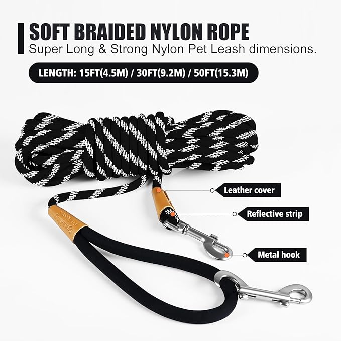 lynxking Long Dog Leash Reflective 15ft 30ft 50ft Check Cord Training Lead Padded Handle Heavy Duty Rope for Puppy Small Medium Large Dogs (Black, 50ft x 3/8inch)