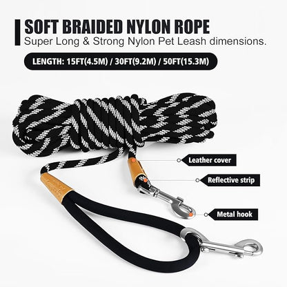 lynxking Long Dog Leash Reflective 15ft 30ft 50ft Check Cord Training Lead Padded Handle Heavy Duty Rope for Puppy Small Medium Large Dogs (Black, 50ft x 3/8inch)