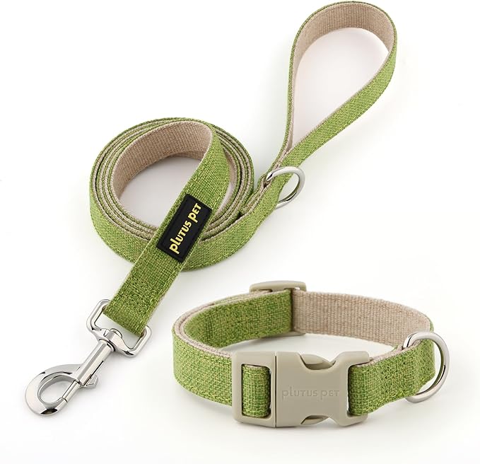 Plutus Pet Cotton Hemp Dog Collar and Leash Set, Adjustable Collar for Small, Medium, and Large Dogs, Heavy Duty and Soft on Skin, Green, M