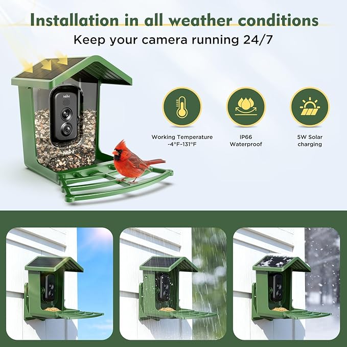 Hibird 4K HD Smart Bird Feeder with Camera Solar Powered, 2.4GHz/5GHz Dual WiFi Auto Capture Bird Video, Real-time Notifications & Live Streaming, AI Identify 10000+ Species for Gift