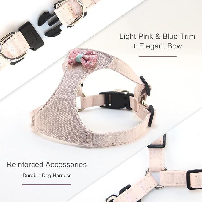 Small Dog Harness with Leash and Bow Tie, Cute Breathable Puppy Harness Easy for Walking, No Pull No Choke Escape Proof Pet Harness, Sakura Pink S