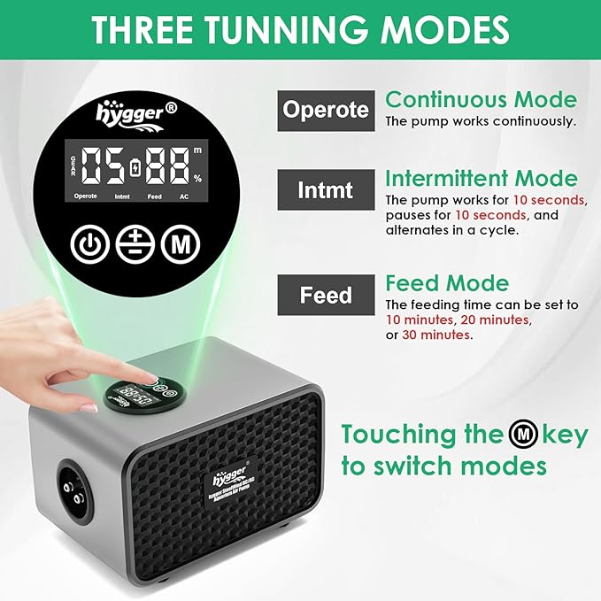 hygger Aquarium Air Pump, USB Rechargeable Battery Powered Fish Tank Air Pump 6W/10W with LCD Display Dual Outlets, Adjustable Aerator for Fish Oxygen Pump for 5-200 Gallon Tank