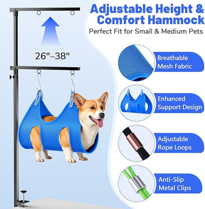 AUORC Dog Grooming Arm with Hammock, Adjustable 26"-38" Foldable Grooming Table Arm with Clamp & 2 No-Sit Holders, Heavy Duty for Small & Medium Dogs, Includes Nail Clippers (Table Not Included)