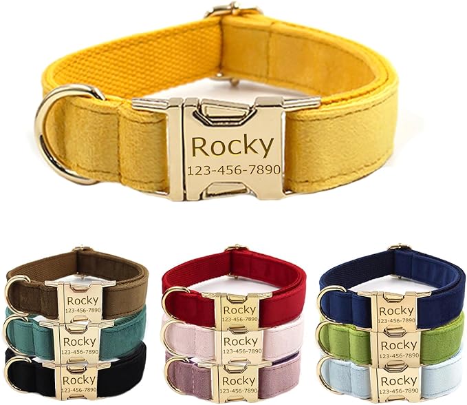 Personalized Velvet Dog Collars with Pet Name Phone Number Engraved, Custom Adjustable Soft Collar with Metal Buckle for Small Medium Large Dogs, Dog Leash and Bow Tie Available -Ginger