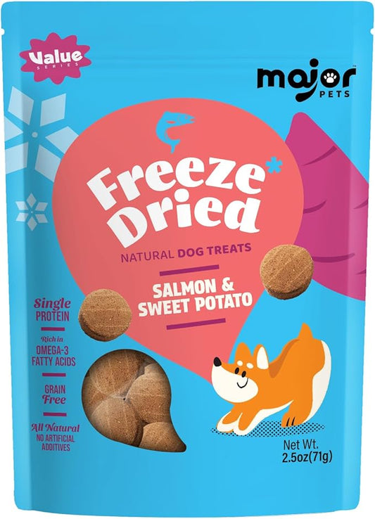 MAJOR PETS Freeze Dried Wild-Caught Salmon&Sweet Potato Dog Treats,Single Protein,All Natural,Rich in Omega-3,Healthy Training Treats or Meal Topper for All Dogs-2.5 Ounce (Pack of 1)
