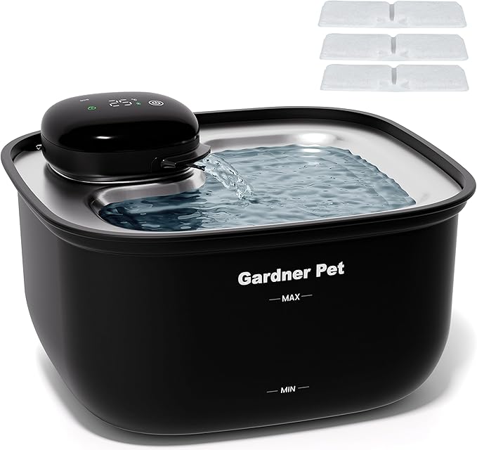 Gardner Pet Wireless Cat Water Fountain Stainless Steel Tray, 3.78L Cat Fountain Battery Operated, Cordless Pet Water Fountain for Cats & Dogs with Motion Sensor, Temperature Display - 1 Gallon