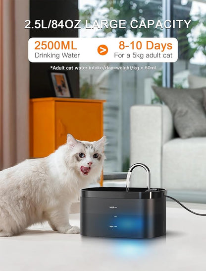 Cat Water Fountain, 84OZ/2.5L Cat Fountain, Super Silent Pet Water Fountain, Activated Carbon Filter, Translucent Pet Water Dispenser Suitable for Multiple Pets Family (Black+4Filters+4Sponges)