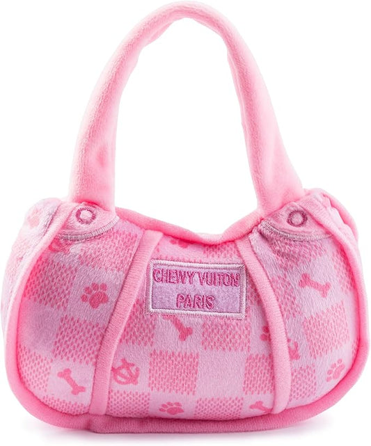Haute Diggity Dog Pink Checker Chewy Vuiton Handbag, Plush Designer Dog Toys with Interactive Squeaker, Stimulating Pet Enrichment, Machine-Washable & Safe Materials for All Breeds, Size Large