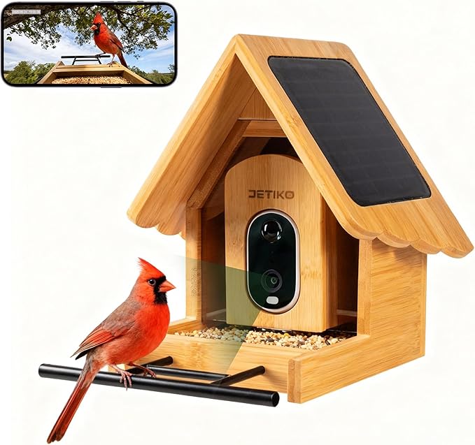 DETIKO Bamboo Bird Feeder with Camera, 2K HD, Built-in Solar Powered, 2.4GHz Wi-Fi, Night Vision, Motion Alerts, Live View, Local Storage, AI Bird ID for 2,800+ Species, Family Sharing
