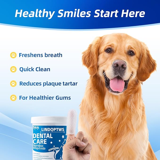 Dog Dental Wipes for Teeth Cleaning - Dog Tooth Wipes & Finger Toothbrush for Dogs, Waterless Formula Helps Fight Plaque and Tartar, Freshens Breath, Easy No-Rinse Oral Care (60 Count)