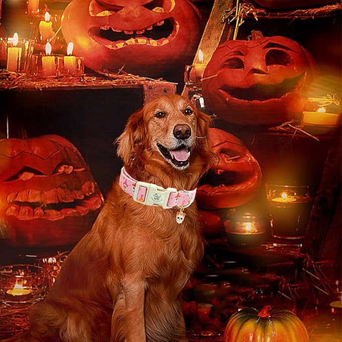 Elegant little tail Halloween Dog Collar, Skull Print Pink Halloween Pet Collars Cotton Soft Sturdy Puppy Collars Holiday Female Adjustable Collar for Small Dogs