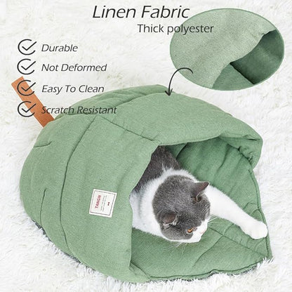Cat Sleeping Bag,Linen Fabric Cat Bed Cave Leaf Nest Pet Cuddle Zone Covered Hide Hood Burrowing Cozy Soft Durable Washable with Non-Slip Bottom for Indoor Puppy and Kitten (Green)