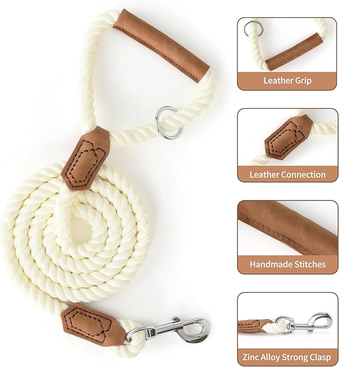 Mile High Life Dog Leash, Braided Cotton Rope Leashes with Leather Handle - Heavy Duty Metal Clasp, 5FT, 1/2" Thick - Wedding, Walking & Training Leash for Small Medium Large Dogs (White)