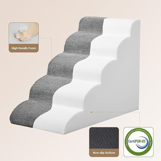 EHEYCIGA Curved Dog Stairs Ramp for High Beds 22.6" H, 5-Step Dog Steps for Small Dogs and Cats, Pet Stairs for High Bed Climbing, Non-Slip Balanced Pet Step Indoor, Grey