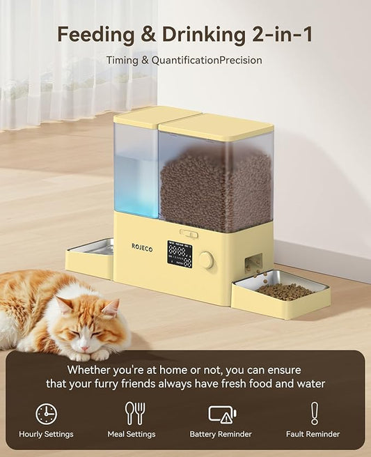 Rojeco 36Cups/8.5L Pet Automatic Cat Feeder and Gravity Water Dispenser,Stainless Steel Bowls 2-in-1 Set Large Capacity 5L Food Feeder and 3.5L Water Fountain for Cats,Pets,Small Dogs,Yellow