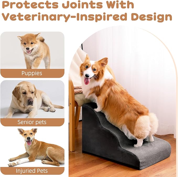 Dog Stairs for Small Dogs and Cats, 16" H 3 Steps Pet Steps Ramp for High Bed, Couch, Sofa, Waterproof Pet Stairs with Removable Washable Cover, Non-Slip Bottom, Dark Gray
