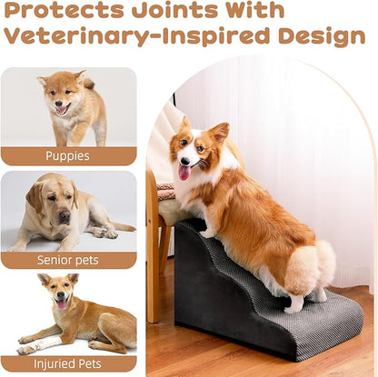 Dog Stairs for Small Dogs and Cats, 16" H 3 Steps Pet Steps Ramp for High Bed, Couch, Sofa, Waterproof Pet Stairs with Removable Washable Cover, Non-Slip Bottom, Dark Gray