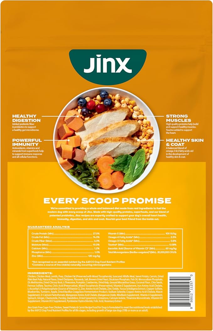 Jinx Premium Grain-Free Dry Dog Food, for All Lifestages - Real Chicken, Sweet Potato & Carrot Kibble with Superfoods for Immune Support & Probiotics for Digestive Support - No Fillers - 4lb
