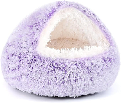 NOYAL Round Hooded Donut Dog Bed for Small & Medium Pets - Plush Fluffy Anti-Anxiety Cat Cave Bed with Cover