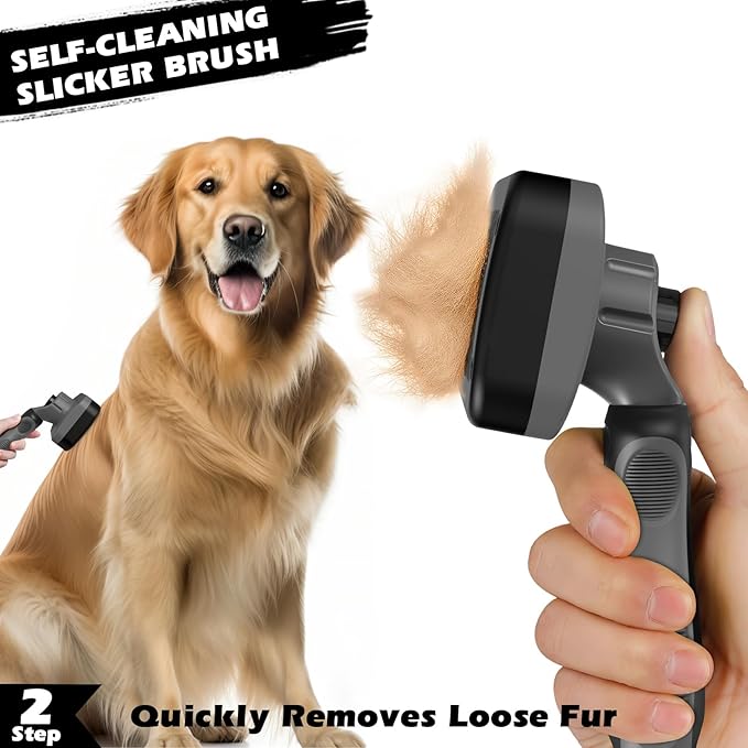 3PCS Self Cleaning Slicker Brush & Pet Grooming Rake & Flea Comb for Dogs,Cats and Horses | Double-Sided Dematting Comb & Skin Friendly Deshedding Grooming Tool | Premium Pet Supplies（Gray Black)