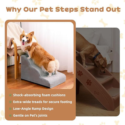 Dog Stairs for Small Dogs and Cats, 16" H 3 Steps Pet Steps Ramp for High Bed, Couch, Sofa, Waterproof Pet Stairs with Removable Washable Cover, Non-Slip Bottom, Light Gray