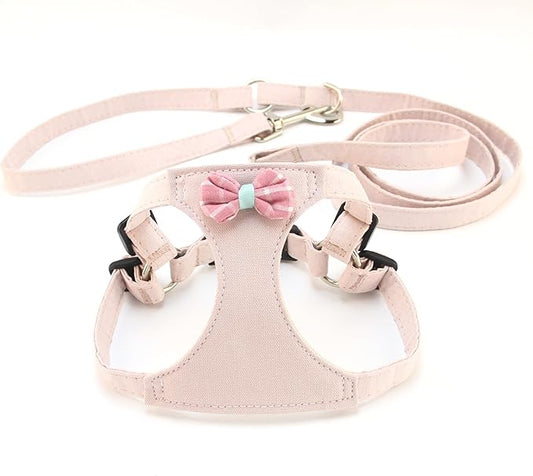 Small Dog Harness with Leash and Bow Tie, Cute Breathable Puppy Harness Easy for Walking, No Pull No Choke Escape Proof Pet Harness, Sakura Pink S