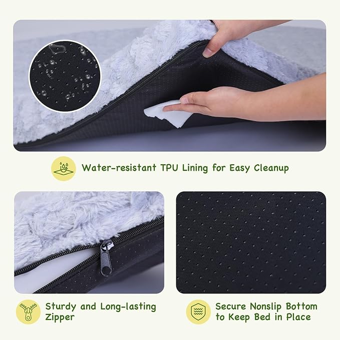 XXL Orthopedic Dog Bed - Soft Fluffy Memory Foam Pet Bed with Anti-Slip Bottom, Waterproof & Machine Washable Dog Bed for Extra Large Dogs, Grey (43"x43"x4")
