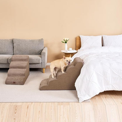 EHEYCIGA Curved Dog Stairs Ramp for High Beds 22.6" H, 5-Step Dog Steps for Small Dogs and Cats, Pet Stairs for High Bed Climbing, Non-Slip Balanced Pet Step Indoor, Camel