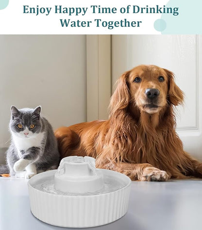 Ceramic Cat Water Fountain, Pet Ceramic Water Fountain Dispenser, 2.1 L Drinking Fountains Bowl for Cats and Dogs with Replacement Filters and Foam(White)