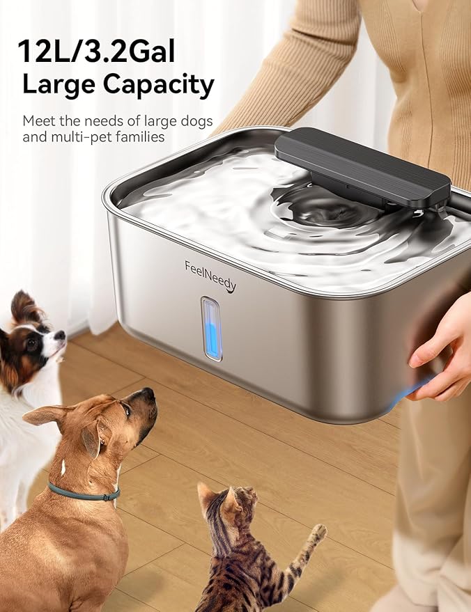3 Gal Stainless Steel Dog Water Fountain for Large Dog, Dog Water Bowl Dispenser with Water Level Window, Super Quiet Pet Water Fountain for S-L Dogs and Multi-Pet with 10 Filters & 10 Filter Sponges