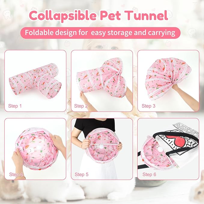 BWOGUE Bunny Tunnels & Tubes Collapsible 3 Way Bunny Hideout Small Animal Activity Tunnel Toys for Dwarf Rabbits Bunny Guinea Pigs Kitty(Pink)