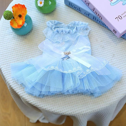 Fashion Sweet Puppy Dog Blingbling Princess Skirt Pet Dog Lace Cake Camisole Tutu Dress F-Blue S