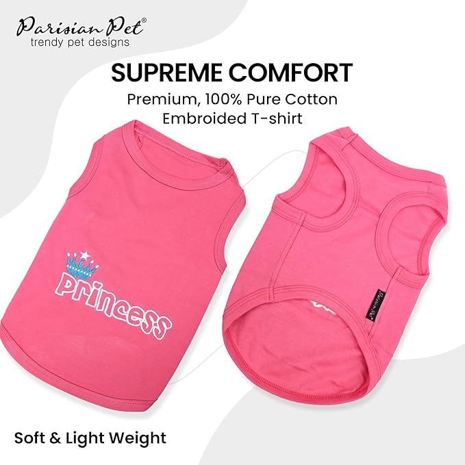 Parisian Pet Dog T-Shirt - Embroidered ' Princess' Breathable Pink Dog Shirt - Sleeveless Pet Vest - Princess Dog Clothes - Machine Washable Dog Shirts for Small Dogs - XS