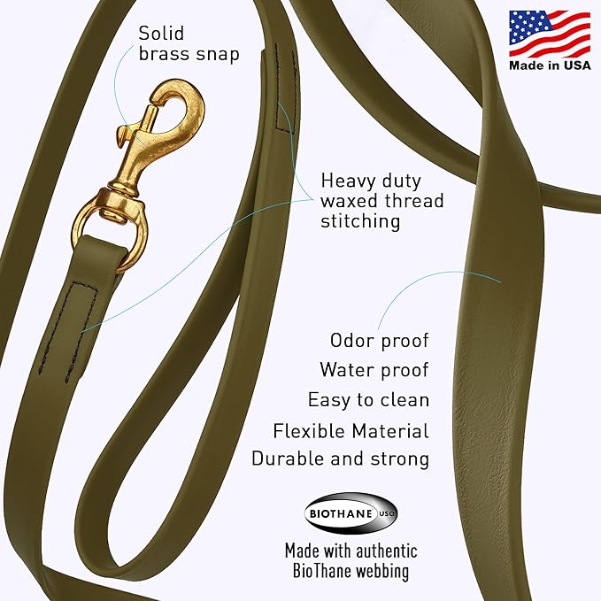 Viper Biothane K9 Working Dog Leash Waterproof Lead for Tracking Training Schutzhund Odor-Proof Long Line with Solid Brass Snap for Puppy Medium and Large Dogs, 15ft Olive Drab Green