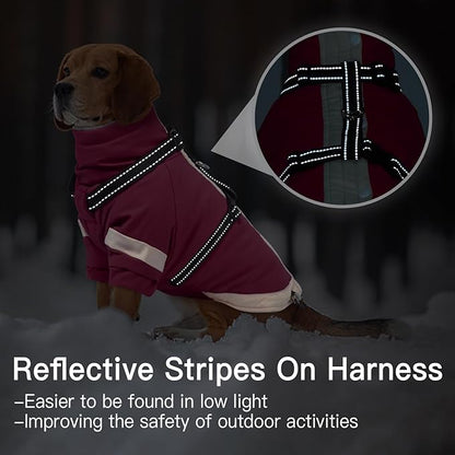 XX-Large Dog Winter Coat with Harness 2 in 1-for Walk The Dog | Thick and Warm Lining for Cold Winter,Turtleneck Windproof Snowsuit with Sleeves,Night Reflective Harness(Rosered)
