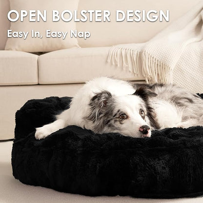 EHEYCIGA Large Dog Bed Sofa – Fluffy Faux Rabbit Fur Pet Couch for Medium and Large Dogs, Washable Removable Cover, Waterproof and Non-Slip, 36 Inch, Black